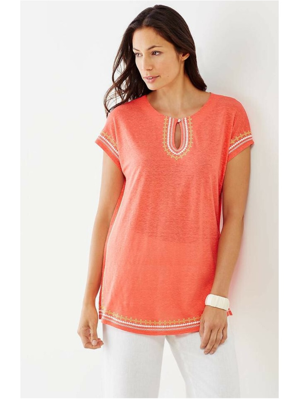 J. Jill Coral 100% Linen Embroidered Keyhole Tunic